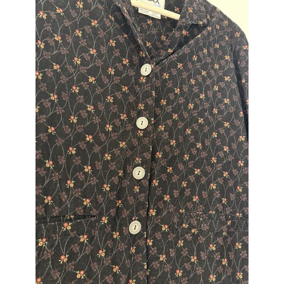Flax Women's Black Floral print Corduroy Button Down Top Size Medium Bohemian - Picture 5 of 5